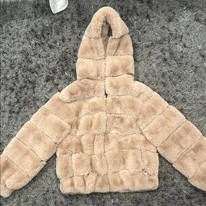 BCBGMaxAzria Plush Hooded Puffer Jacket in Beige